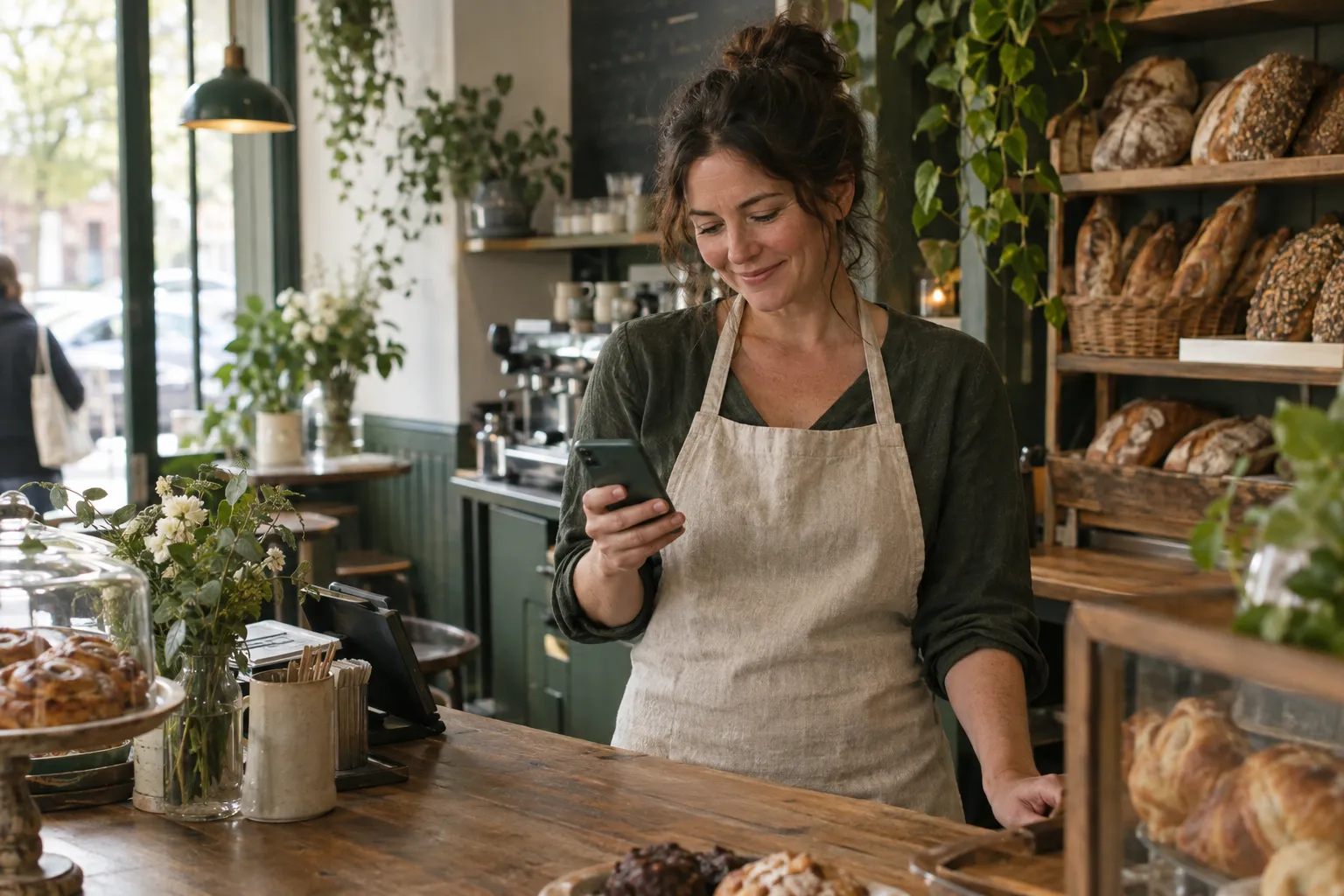 A bakery owner at her counter