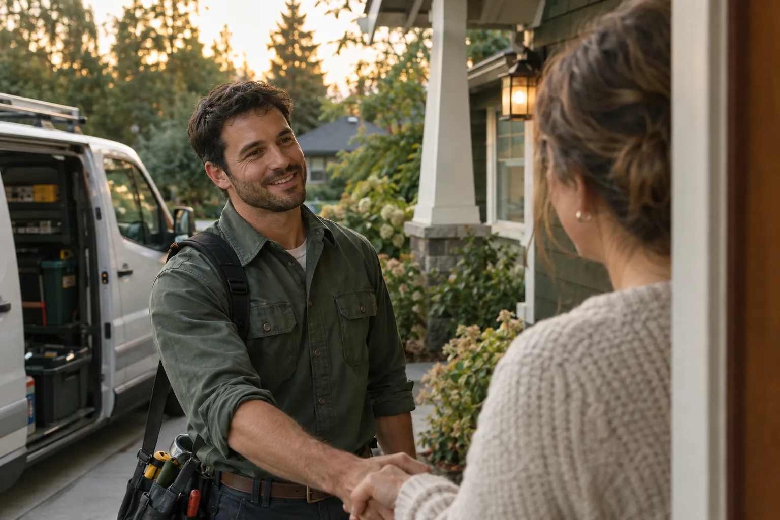 A home-service technician shaking hands with a homeowner at her front door